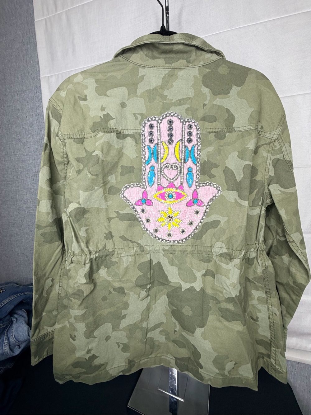 NWT Camo Utility Jacket with Pink Embellished Hamsa